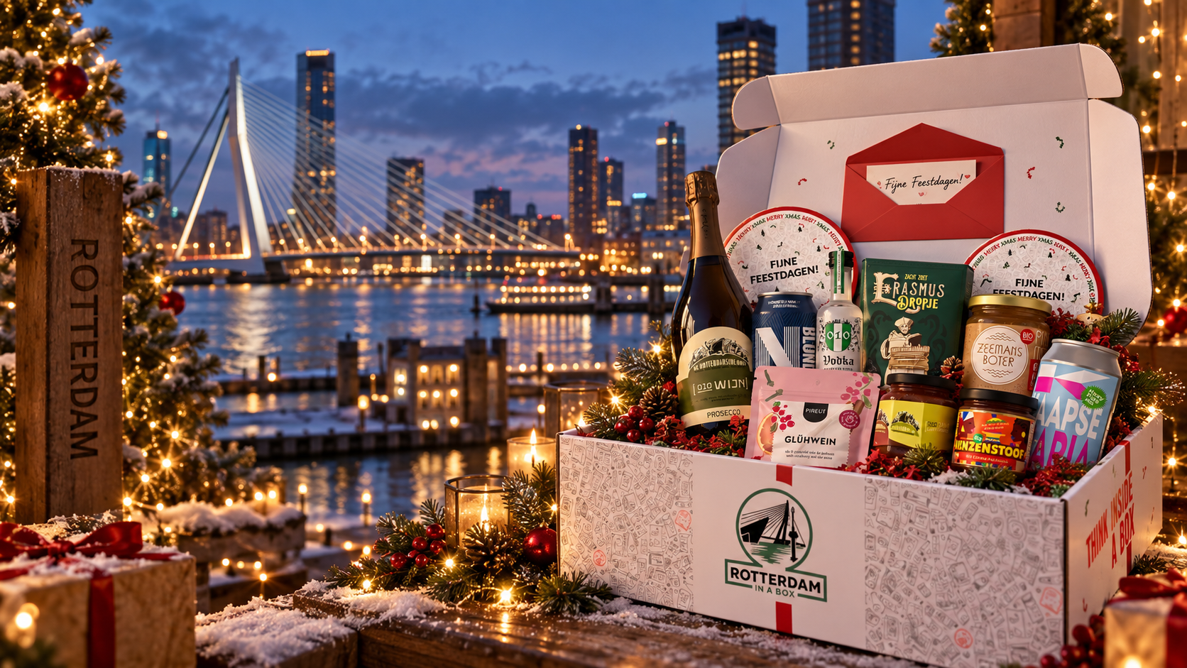 Rotterdam kerstpakket met de verlichte skyline en Erasmusbrug in de avond