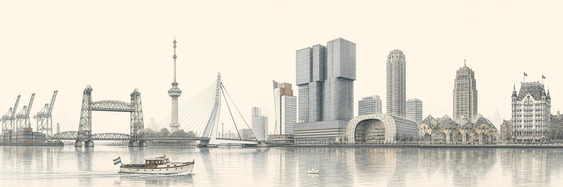 Panoramische silhouet van de Rotterdamse skyline met een bootje op de Maas